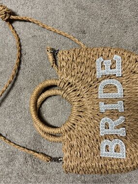 Bride Rhinestone Lettering Tan Woven Tote with Circular Handle
